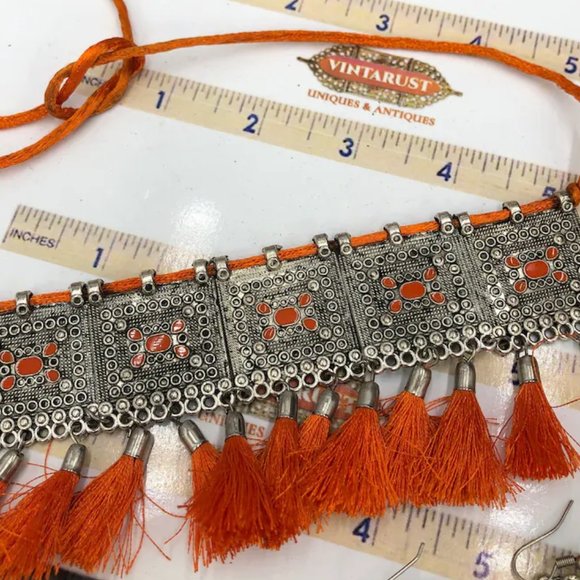 Silver Kuchi Afghan Jewelry Set With Dangling Tassels, Tribal Set - Picture 4 of 4